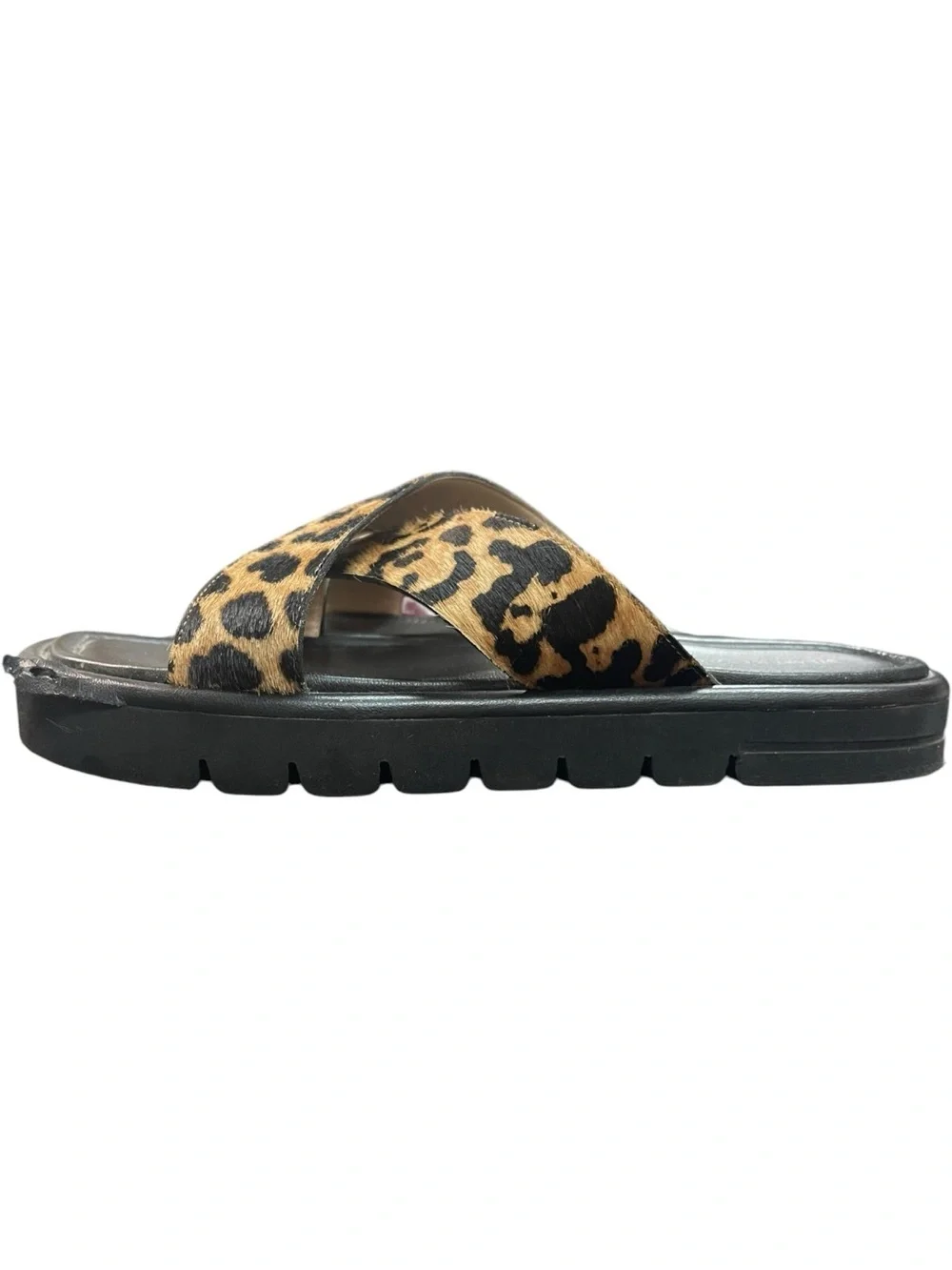 Stuart Weitzman Elodie Leopard Print Cross Lug Slide Sandals Black